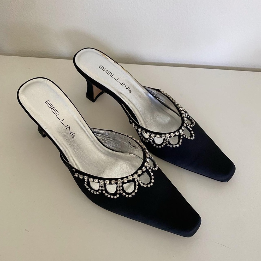 Bellini Black Satin Crystal-Trim Kitten Heel Mules